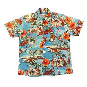 Hawaiian Holiday Aloha Shirt Vintage Men Medium Koa Warrior Chief Hibiscus Rayon